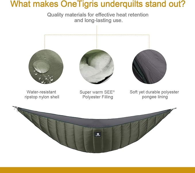 OneTigris Night Protector Ultralight Hammock Underquilt, Full Length Camping Quilt for Hammocks Warm 3-4 Seasons, Weighs only 28oz, Great for Camping Hiking Backpacking Traveling Beach