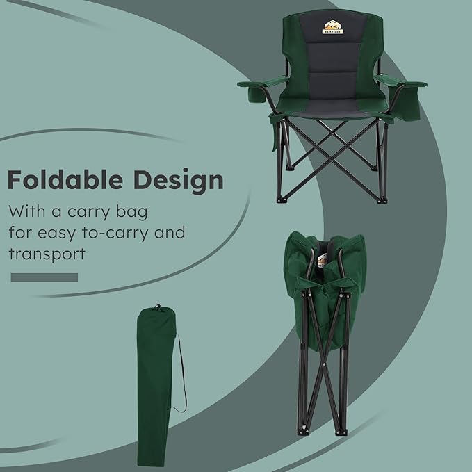 Oversized Folding Camping Chairs - 450 LBS Support Heavy Duty Camp Chair with Padded Cushion, Portable Outside Chairs with Carry Bag,Cooler, Cup Holder for Outdoor, Lawn, Sports - Green