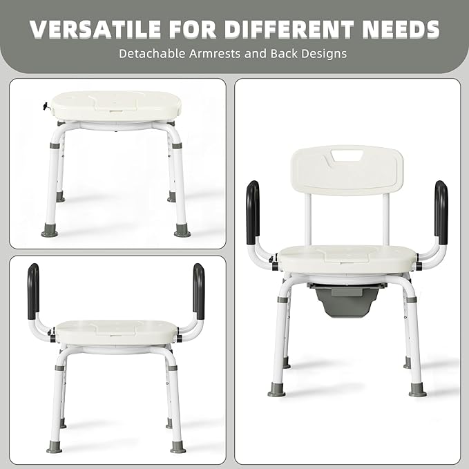 4 in 1 Bedside Commode for Seniors,Portable Toilet for Adults with Arms & Removable Bucket,Height Adjustable Commode Chair for Toilet,Swivel Shower Chair for Inside Shower for Handicapped, Adults