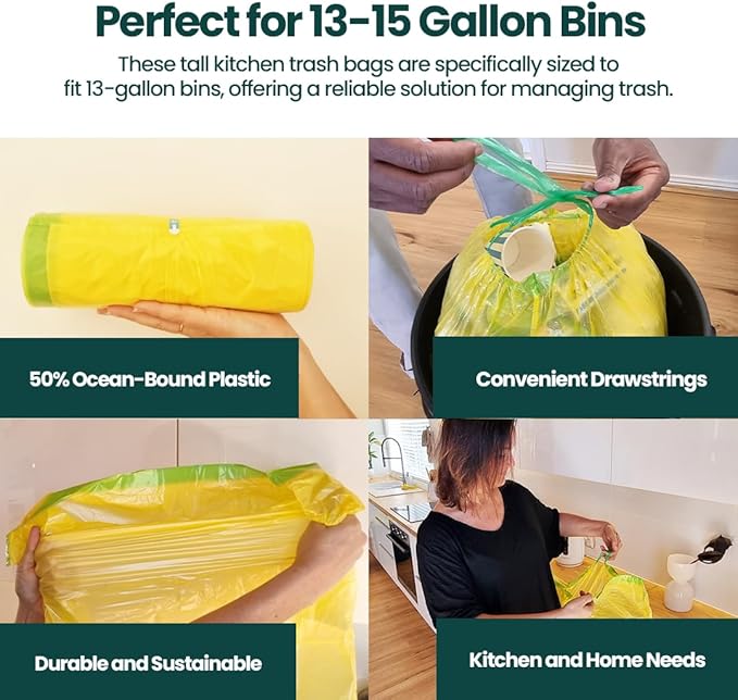 13 Gallon Trash Bags with Drawstrings, 40 Bags Made from 50% Recycled Plastic, Code K Leakproof and Tear-Resistant, Tall Kitchen Garbage Bags for Home and Office