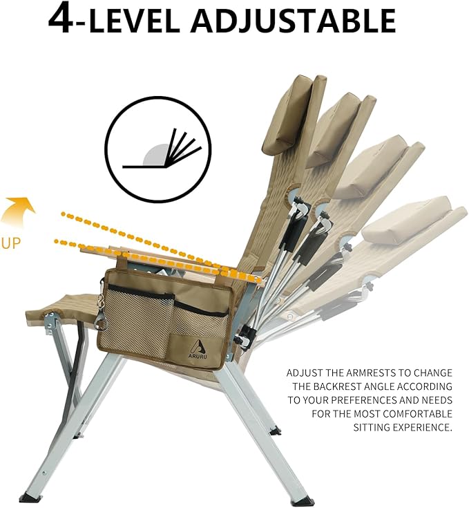 Reclining Camping Chair 2 Pack, Folding Lawn Chairs with 4-Stage Adjustable High Back for Adults Heavy Duty, Compact Foldable Outdoor Patio Recliner Chair with Side Bag (Khaki)