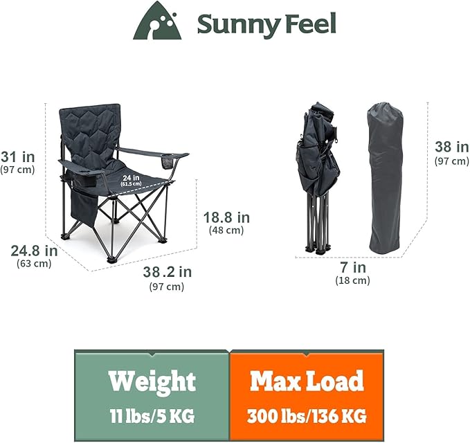 SUNNYFEEL Oversized Folding Camping Chair 2 Pack 500 LBS Heavy Duty Lawn Chairs with Portable Folding with Armrest, Cup Holder, Pocket &Bag for Outdoor Camping/Beach/Travel/Picnic/Fishing