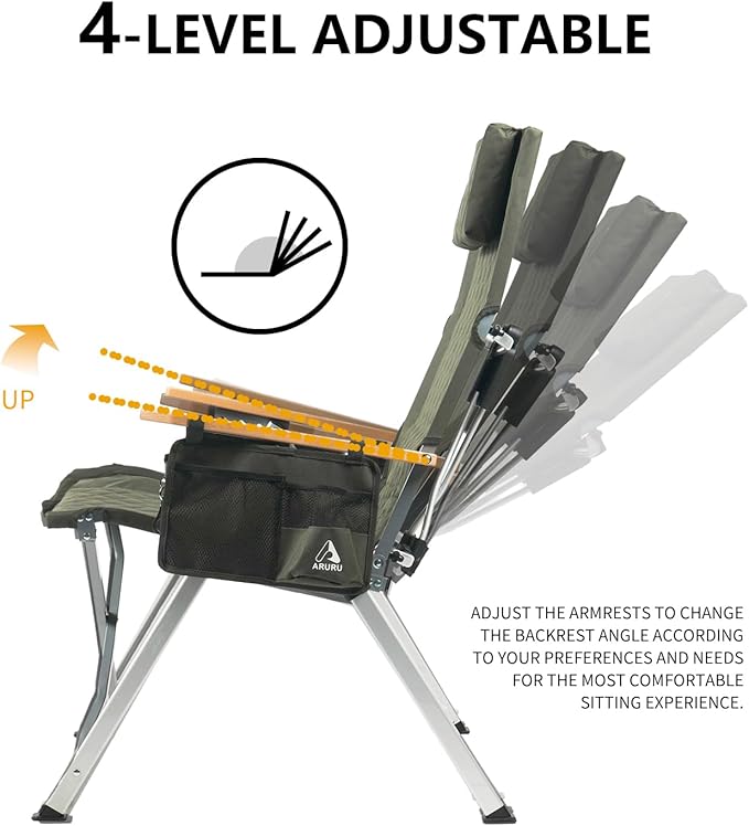 Reclining Camping Chair, Heavy Duty Folding Chairs with 4-Stage Adjustable High Back for Adults, Compact Foldable Outdoor Patio Reclining Chair with Storage Bag (Green)