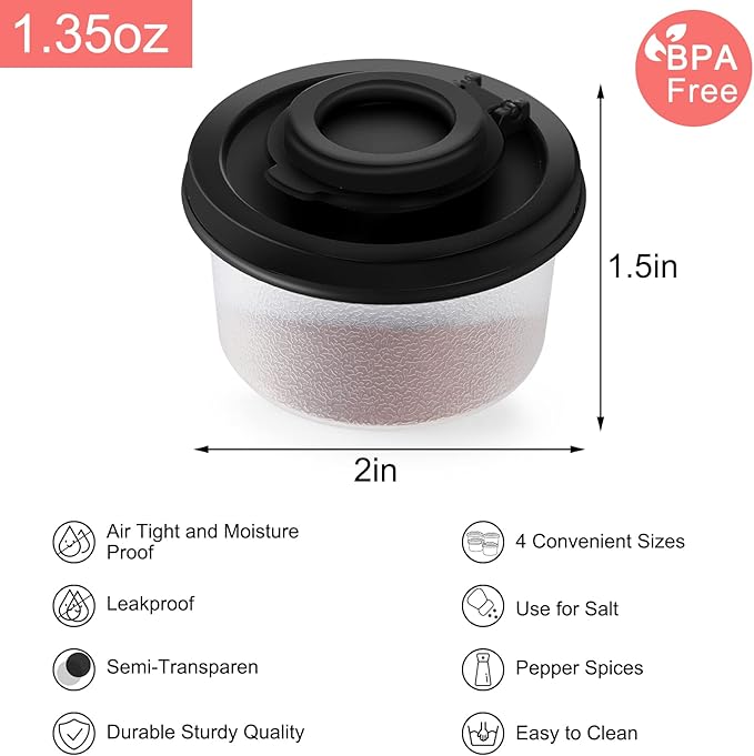 4 Pcs Salt and Pepper Shakers Set Mini Plastic Pepper Shaker with Lid Damp Proof Popcorn Containers Clear Spice Jars Salt Shaker for Travel Camping Picnic Lunch Dining Kitchen (Black, Small)