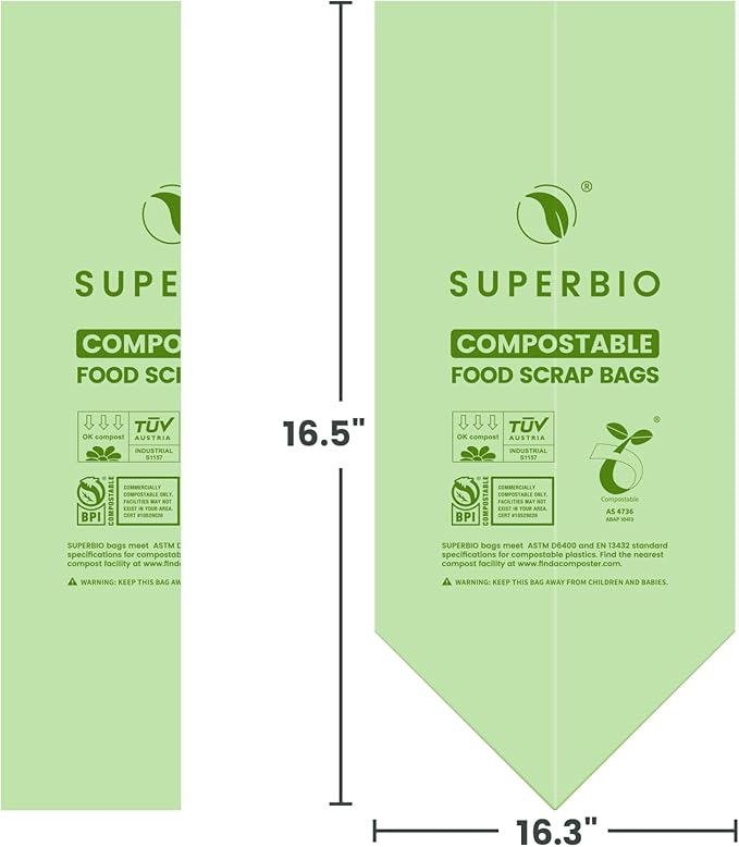SUPERBIO 2.6 Gallon Flat Top Compostable Food Waste Bags, 100 Count, 2 Pack,9.84L, Food Scrap Bags, BPI Certified and OK compost INDUSTRIAL