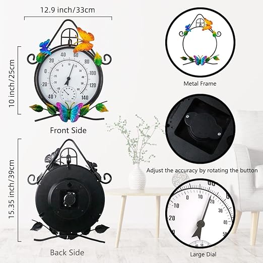 Large Outdoor Thermometer,House-Shape Wall-Mounted Thermometer with Humidity, Easy to Read Decorative Outside Thermometer for Patio, Garden, No Require Batteries