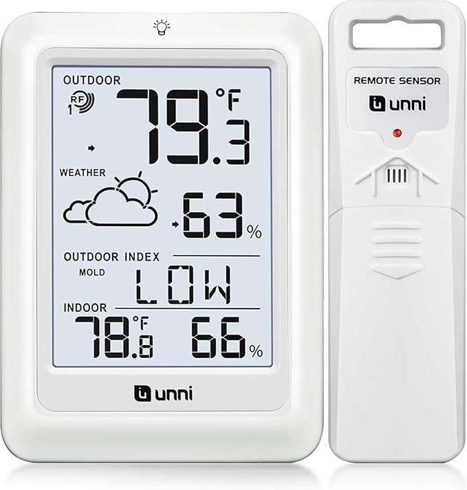 Indoor Outdoor Thermometer Wireless Weather Station, Temperature Humidity Monitor Battery Powered Inside Outside Thermometers with 330ft Range Remote Sensor and Backlight Display(WH01)