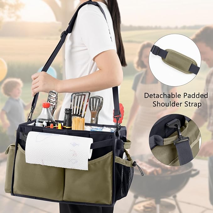 Large Grill Caddy with Paper Towel Holder β Collapsible BBQ Organizer for Camping, Tailgating, RV, Boating β Grilling Gifts for Men β Griddle Tote Bag with Shoulder Strap β Outdoor Essentials