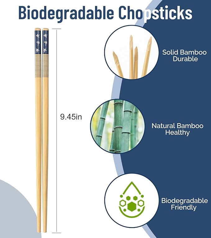 200 Pairs Bamboo Chopsticks Reusable | Dishwasher Safe | Durable | Separated | Bulk | Non slip | - (9.45in)