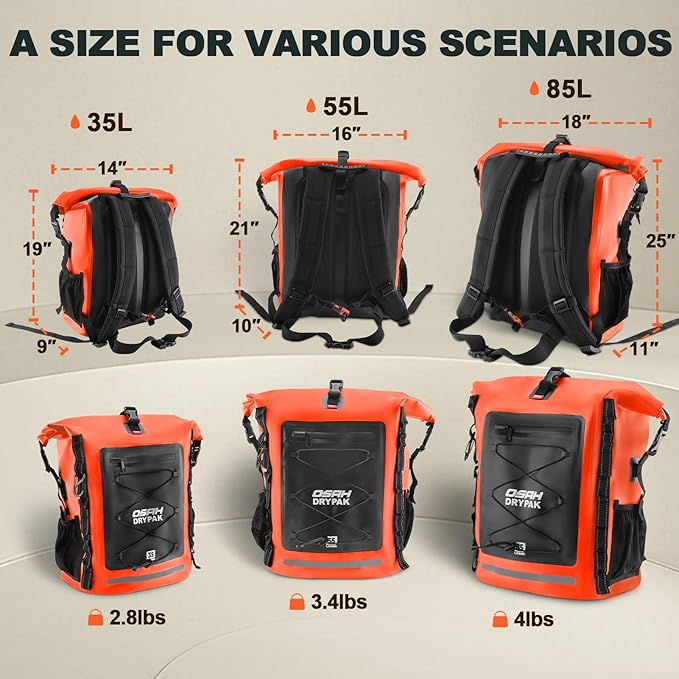 Waterproof Backpack Dry Bag 35L/55L/85Lβ Heavy Duty Roll-Top Hiking Backpack Sack Keeps Gear Dry for Travel, Kayaking, Boating, Camping, Rafting and Fishing
