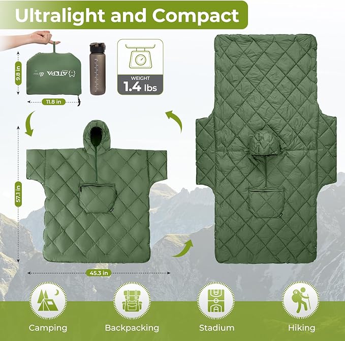 ATEPA Wearable Sleeping Bag, Recycled Warm Camping Wearable Blanket Poncho for Outdoor Sports, Camping Gifts for Women Men