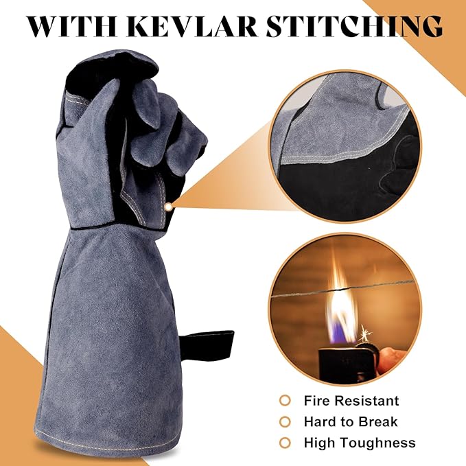 16" Leather Forge Welding Gloves, 932℉ Heat/Fire Resistant, Multi-Use Mitts for TIG/MIG Welding, BBQ, Oven, Baking, Furnace, Beekeeping, Animal Handling & Stove Safety,Ambidextrous