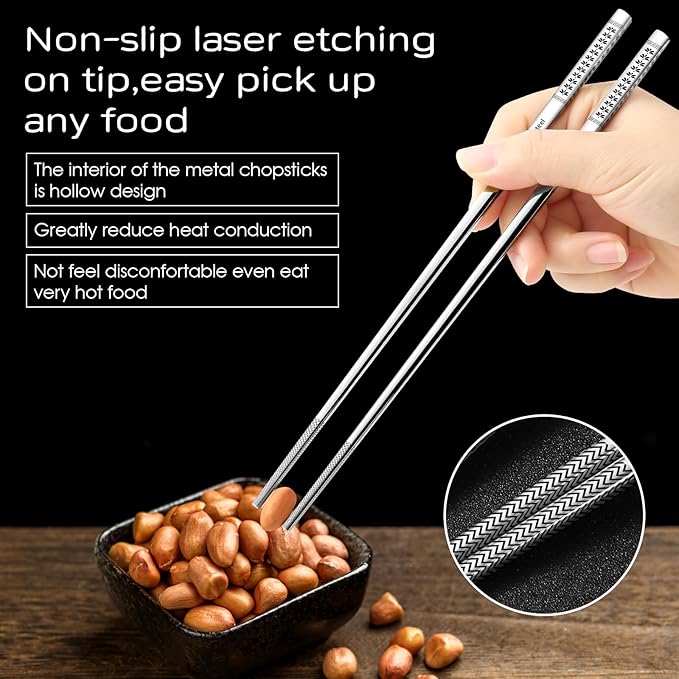 8 Pairs Metal Chopsticks Reusable 18/10 Stainless Steel Chopsticks Set Cute Laser Engraved Non-slip Japanese Korean Chinese Chopstick for Cooking Eating Dishwasher Safe 9.25" Chop Sticks Gift Set