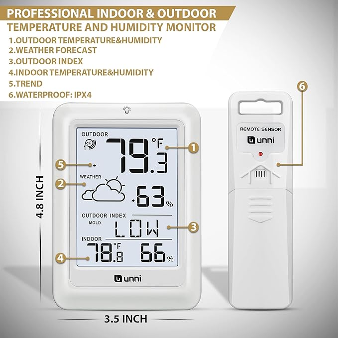Indoor Outdoor Thermometer Wireless Weather Station, Temperature Humidity Monitor Battery Powered Inside Outside Thermometers with 330ft Range Remote Sensor and Backlight Display(WH01)