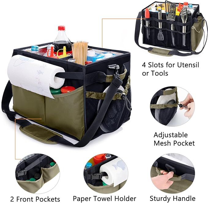 Large Grill Caddy with Paper Towel Holder β Collapsible BBQ Organizer for Camping, Tailgating, RV, Boating β Grilling Gifts for Men β Griddle Tote Bag with Shoulder Strap β Outdoor Essentials