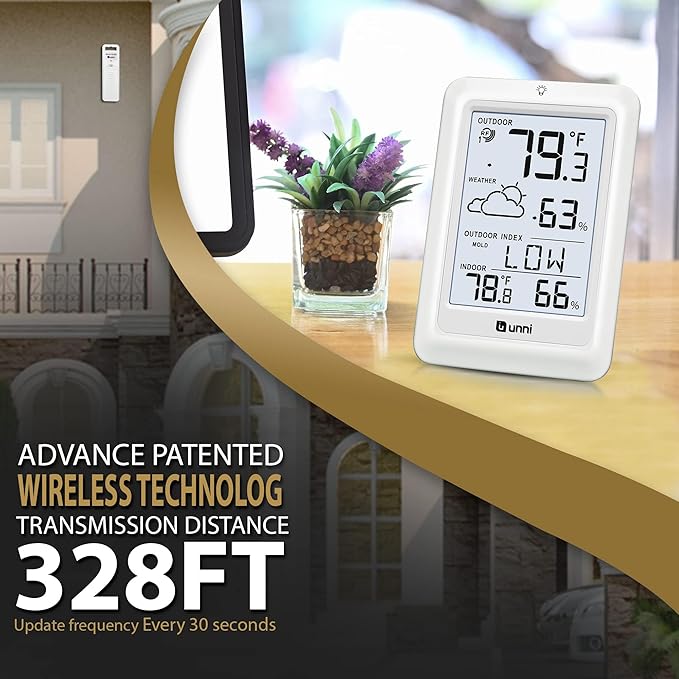 Indoor Outdoor Thermometer Wireless Weather Station, Temperature Humidity Monitor Battery Powered Inside Outside Thermometers with 330ft Range Remote Sensor and Backlight Display(WH01)