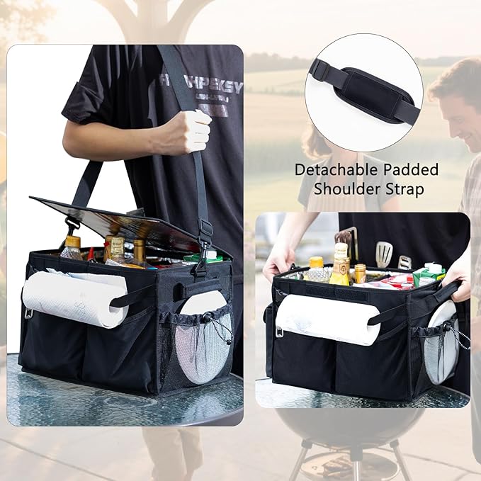 Large Grill Caddy with Lid β BBQ Organizer for Camping, Tailgating, RV, Boating β Grilling Gifts for Men β Collapsible Griddle Tote Bag with Shoulder Strap β Outdoor Essentials
