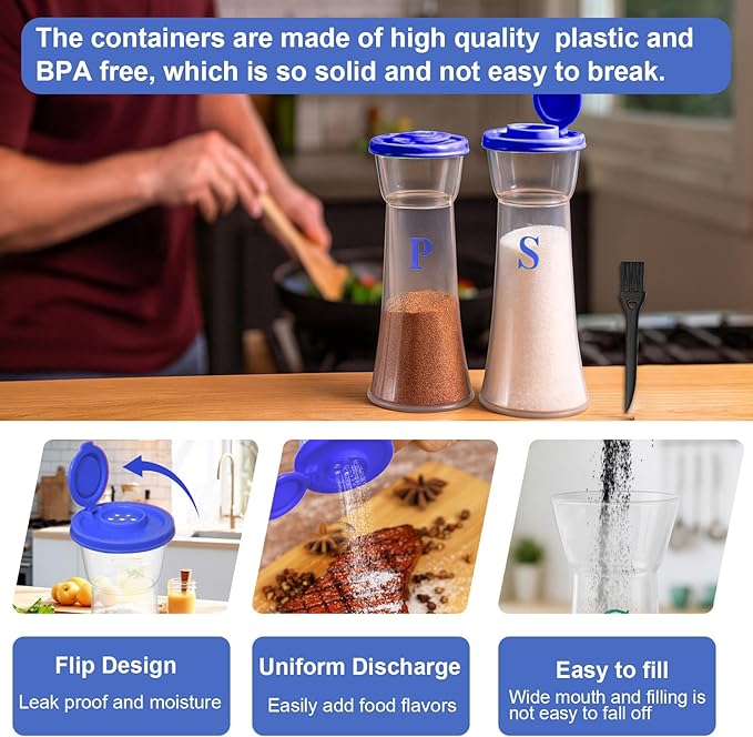Set of 2 Clear Salt and Pepper Shakers, Plastic Spice Jars with Colorful Lids, Leakproof Moisture-Proof for Home Kitchen Restaurant, Camping, Travel, Picnic (Blue)