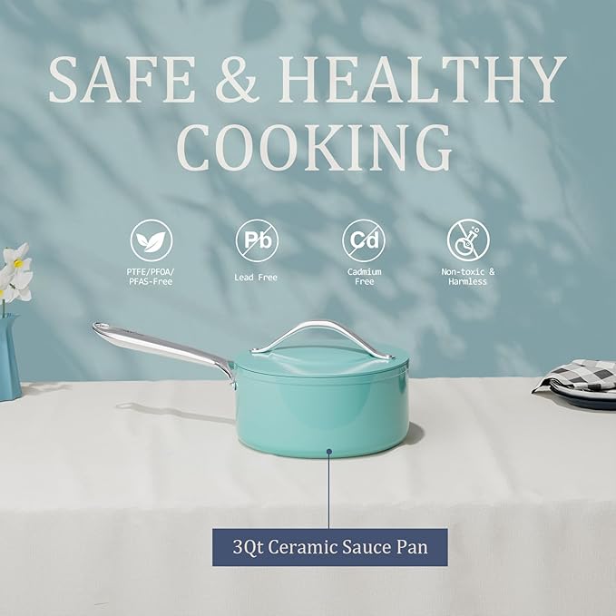 3.5qt Nonstick Ceramic Sauce Pan with Lid (8.19") Even Heat Distribution Non Toxic PFAS Free Healthy Cooking Pot for All Stovetops (Induction/Gas/Electric) Oven Safe 500ยฐF, Caribbean Blue
