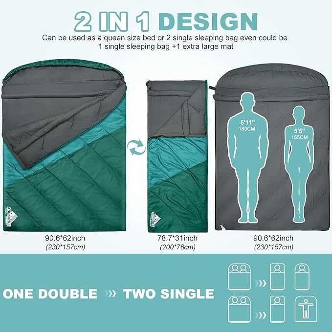 AGEMORE Sleeping Bag for Adults, Single and Double Size, Lightweight Waterproof XXL Sleeping Bag for Adults Kids Couples Camping Hiking Backpacking Or Traveling, Warm & Cold Weather