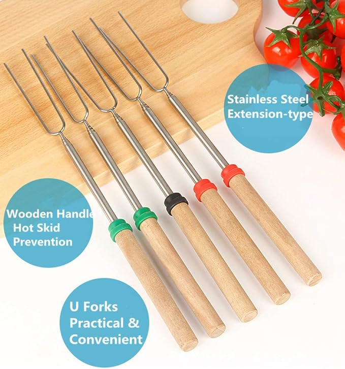 Marshmallow Roasting Sticks Wooden Handle Set of 12 Smores Skewers Telescoping Forks 32 inch with Portable Bag for Hot Dog Campfire Camping Stove BBQ Tools