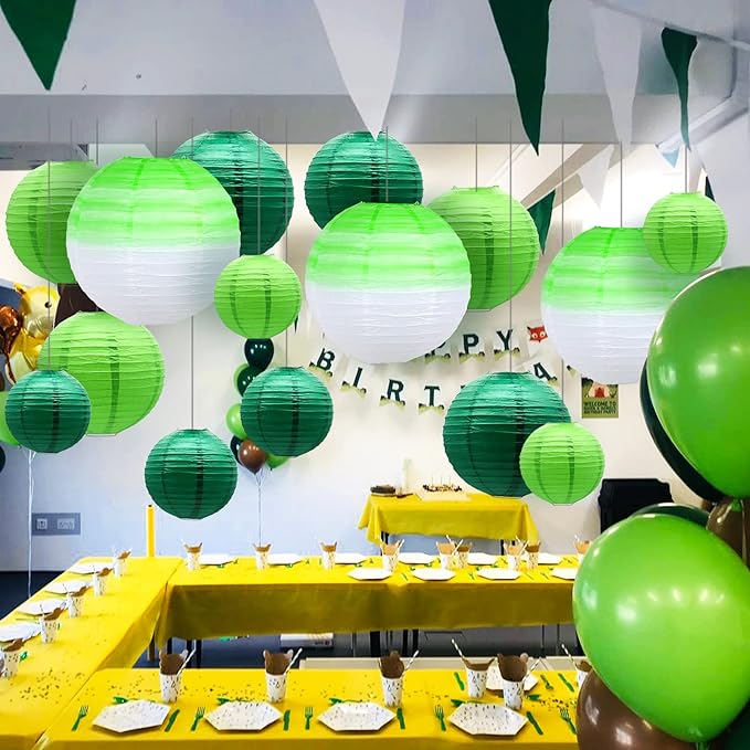 14 PCS Paper Lanterns, Gradient Colorful Green Round Paper Lanterns Decorative Lantern Lamps, Hanging Chinese Lanterns Indoor Room & Outdoor Party Supplies Decoration