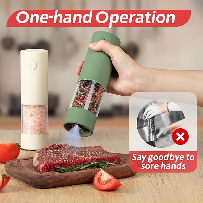 Electric Salt & Pepper Grinder Set (2 Pack) – USB Rechargeable, Adjustable Coarseness, One-Handed Operation with LED Light – Automatic Spice Mill Shaker for Kitchen, Dining, or Camping