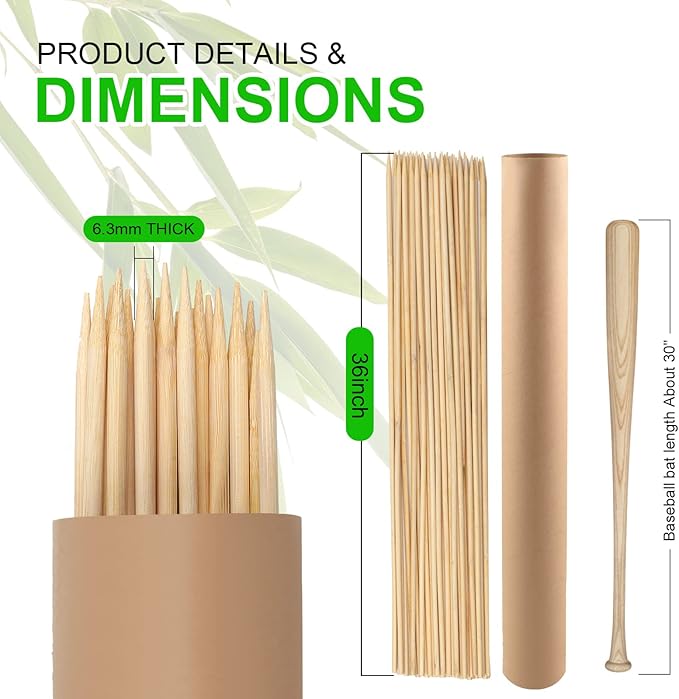 BETESINE 6.3mm Thick Bamboo Marshmallow Roasting Sticks, 36 Inch Extra Long Wooden S'mores Sticks for Fire Pit, BBQ, Camping, Sausage, Marshmallow Skewers – 100 PCS (Bamboo - 36 inch)