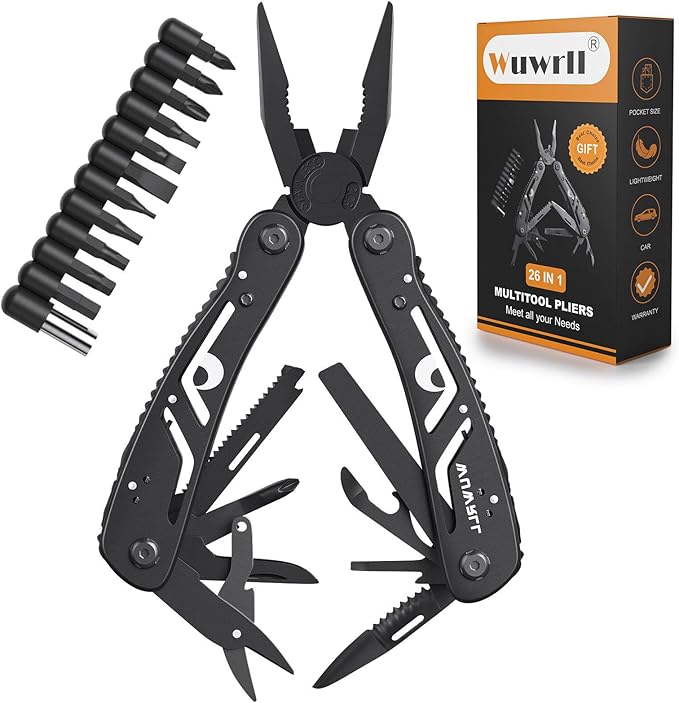 26-in-1 Multitool,Professional Stainless Steel Multi Tools ,Multitool Pliers Pliers Pocket Knife with Heavy Duty Screwdriver Sleeve, Replaceable Bits Multitools for Outdoor, (black)