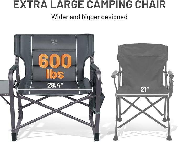 TIMBER RIDGE XXL Upgraded Oversized Directors Chairs with Foldable Side Table, Detachable Side Pocket, Heavy Duty Folding Camping Chair up to 600 Lbs Weight Capacity (Gray) Ideal Gift