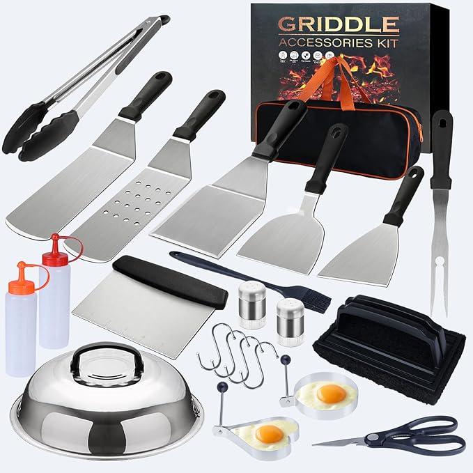Griddle Accessories Kit for Blackstone and Camp Chef,Extra Thickened Stainless Steel Grill Accessories Set,Grill Tools Set with Enlarged Grill Spatula, Griddle Cover Salt and Pepper Shakers (23PCS)