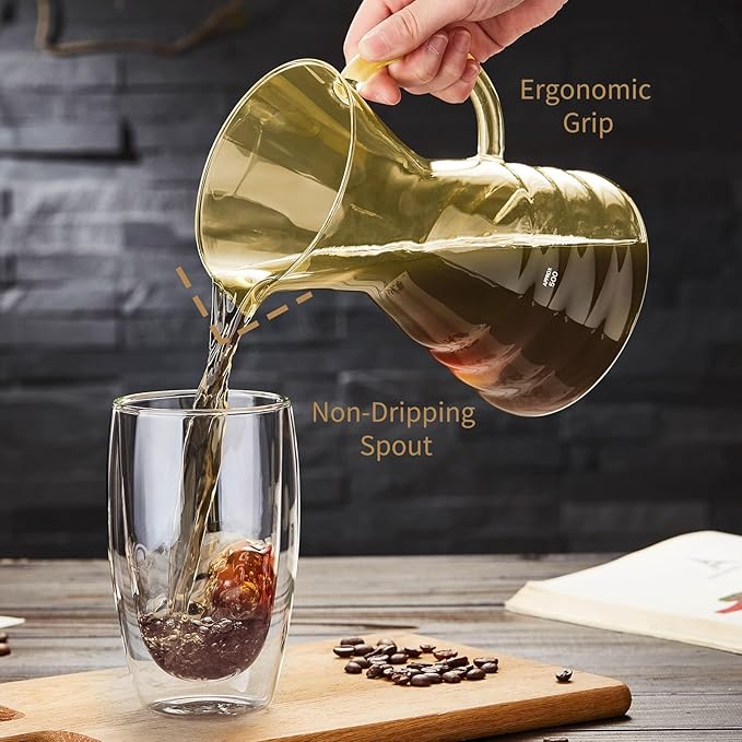 Unbreakable - Pour Over Coffee Maker with Permanent Stainless Filter 32 fl oz, Thickened Heat-Resistant Borosilicate Glass Dripper Coffee Brewer, Stovetop Safe, Yellow