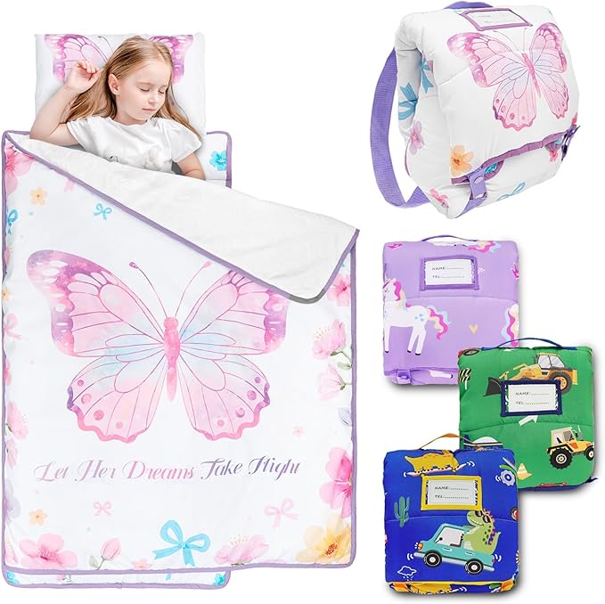 Primlect Toddler Nap Mat with Removable Pillow and Flannel Blanket, Portable Kids Sleeping Bag, Easy to Carry on The Go, Perfect for Daycare, Preschool, Boys and Girls, 12 Months - 6 Years