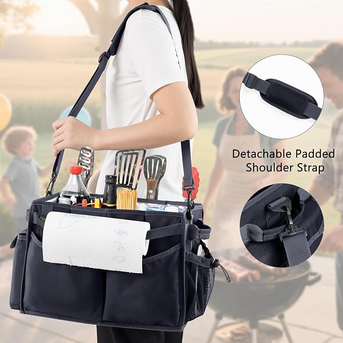 Large Grill Caddy with Paper Towel Holder β Collapsible BBQ Organizer for Camping, Tailgating, RV, Boating β Grilling Gifts for Men β Griddle Tote Bag with Shoulder Strap β Outdoor Essentials