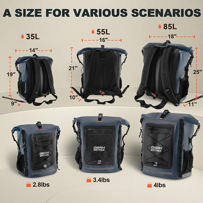 Waterproof Backpack Dry Bag 35L/55L/85L β Heavy Duty Roll-Top Hiking Backpack Sack Keeps Gear Dry for Travel, Kayaking, Boating, Camping, Rafting and Fishing