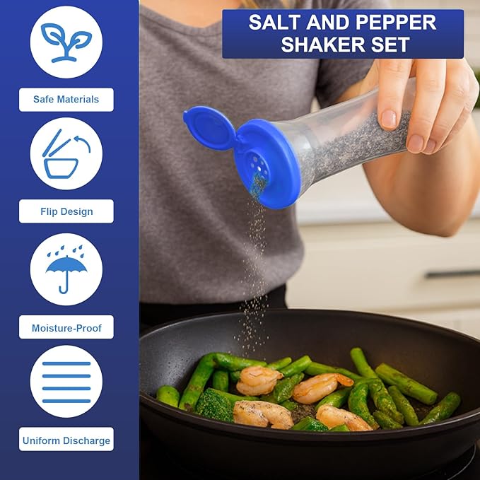 Set of 2 Clear Salt and Pepper Shakers, Plastic Spice Jars with Colorful Lids, Leakproof Moisture-Proof for Home Kitchen Restaurant, Camping, Travel, Picnic (Blue)