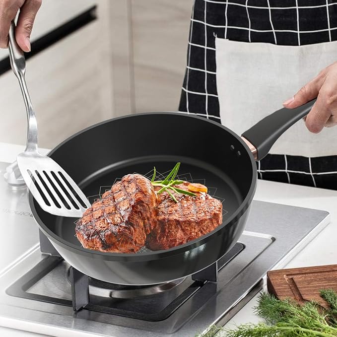 Sunhouse Ultra Titanium Nonstick Coating Aluminum Pan with 4-Layer Non-stick Coating, Non-Toxic, PTFE PFOA & PFAS Free, Stay-Cool Handle, Compatible with All Stovetops (8 inch)