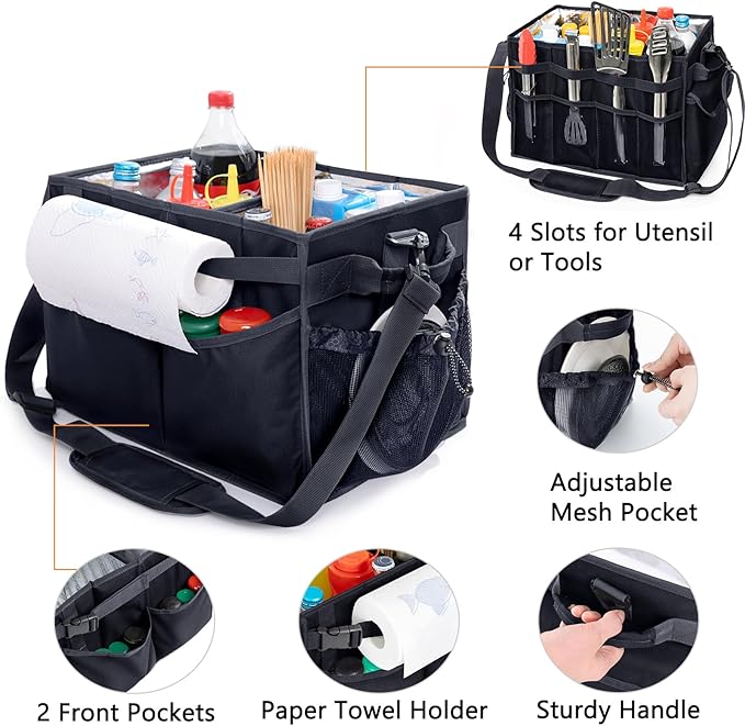 Large Grill Caddy with Paper Towel Holder β Collapsible BBQ Organizer for Camping, Tailgating, RV, Boating β Grilling Gifts for Men β Griddle Tote Bag with Shoulder Strap β Outdoor Essentials