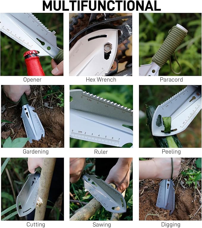 Small Camping Shovel, 9 in 1 Mini Hand Shovel, Portable Backpacking Trowel, Ultralight Compact Multitool for Camping, Gardening, Outdoor Survival, Silver