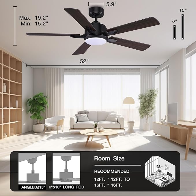 cumilo 52” Smart Ceiling Fanswith Lights Remote Control,Quiet DC Motor,Outdoor Indoor Modern Farmhouse Ceiling Fan work with Alexa App,Dimmable LED Light,Black/Brown for Bedroom Living Room Patio