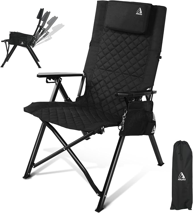 Reclining Camping Chair, Heavy Duty Folding Chairs with 4-Stage Adjustable High Back for Adults, Compact Foldable Outdoor Patio Reclining Chair with Storage Bag (Black)