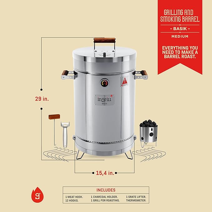Charcoal Grills - Basic 25 lbs - Stainless Steel Smoker Grill 3-in-1 for Cooking & Home BBQ - Portable Vertical Smoker Barrel for Outdoor & Camping - Meat Grill with Thermometer & Accessories