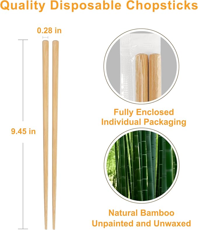 200Pairs Bamboo Chopsticks Disposable | Individually Wrapped | Bulk | Separated | Round | Premium Quality-(9.45in)