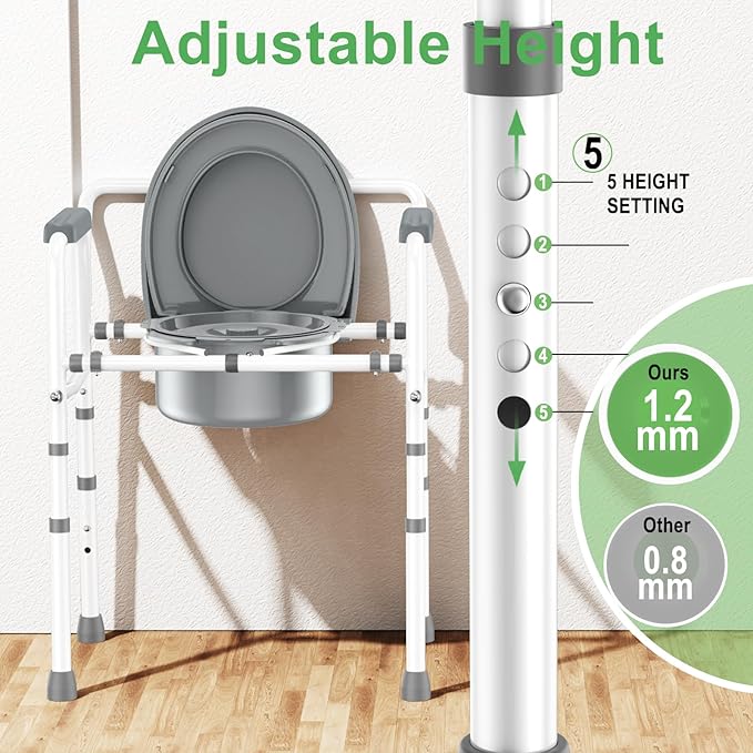 3 in 1 Bedside Commode with Arms 350 lbs, Width 21.5'' Steel Toilet Commode Adjustable Height, Porta Potty for Adults Commode Chair with 6QT Bucket, Easy Cleaning, Tool-Free Assembly