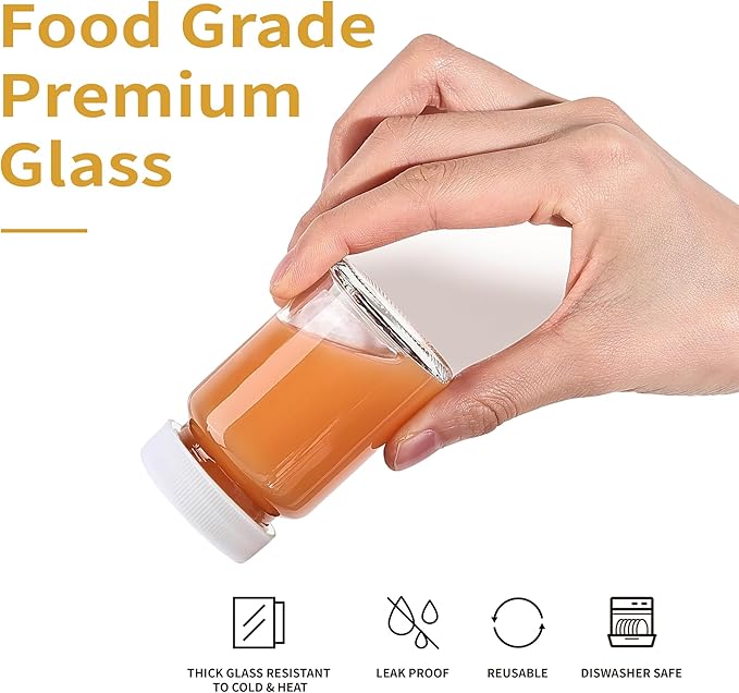 16 Pack 2 oz Glass Shot Bottles with White Caps & Labels, Wide Mouth 60 ml Clear Little Glass Jars for Ginger, Leakproof Travel Mini Jars for Wellness Shot, Juice - Dishwasher Safe