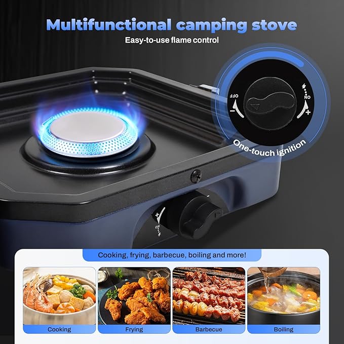 2-Burner Foldable Camping Stove with Griddle and Carrying Bag,16000 BTU Portable Propane Camp Stove with 2 Adjustable Burners & Piezo Ignition, for Camping, Home Backyard, Frying Turkey, Blue