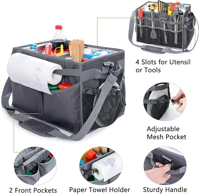 Large Grill Caddy with Paper Towel Holder β Collapsible BBQ Organizer for Camping, Tailgating, RV, Boating β Grilling Gifts for Men β Griddle Tote Bag with Shoulder Strap β Outdoor Essentials