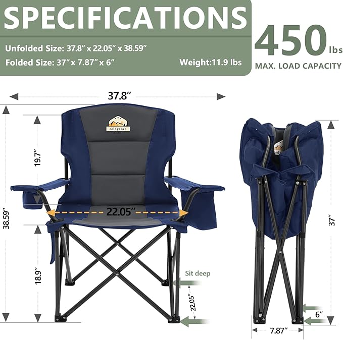 Oversized Folding Camping Chairs - 450 LBS Support Heavy Duty Camp Chair with Padded Cushion, Portable Outside Chairs with Carry Bag,Cooler, Cup Holder for Outdoor, Lawn, Sports - Blue