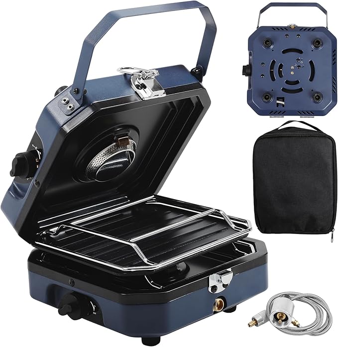 2-Burner Foldable Camping Stove with Griddle and Carrying Bag,16000 BTU Portable Propane Camp Stove with 2 Adjustable Burners & Piezo Ignition, for Camping, Home Backyard, Frying Turkey, Blue