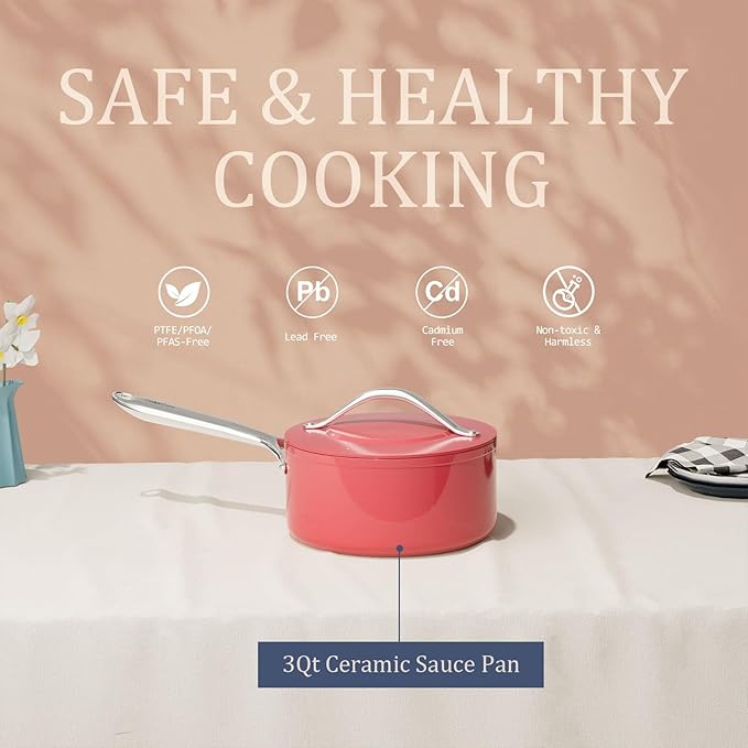 3.5qt Nonstick Ceramic Sauce Pan with Lid (8.19") Even Heat Distribution, Non Toxic & PFAS Free Healthy Cooking Pot for All Stovetops (Induction/Gas/Electric), Oven Safe 500ยฐF, Fusion Red